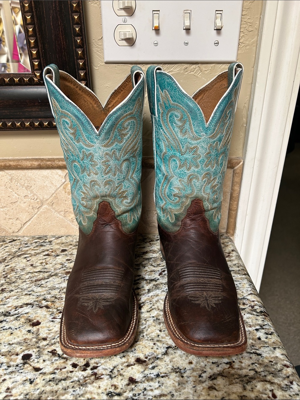 Tony Lama Brown Leather Boots with Turquoise Stitching